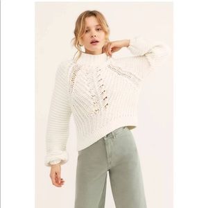 NWT Free People Sweetheart Mock Neck Chunky Knit Pullover Sweater in Ivory White